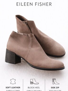 Eileen Fisher Leather Ankle Booties Taupe Block Heel Zip Size 8